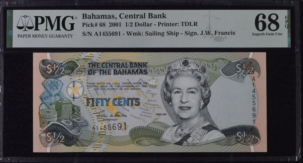 Bahamas 1/2 Dollars 2001 P 68 Superb GEM UNC PMG 68 EPQ