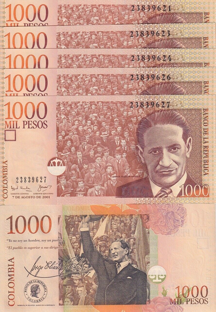 COLOMBIA 1000 PESOS 2001 P 450 a UNC LOT 5 PCS
