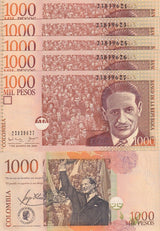 COLOMBIA 1000 PESOS 2001 P 450 a UNC LOT 5 PCS