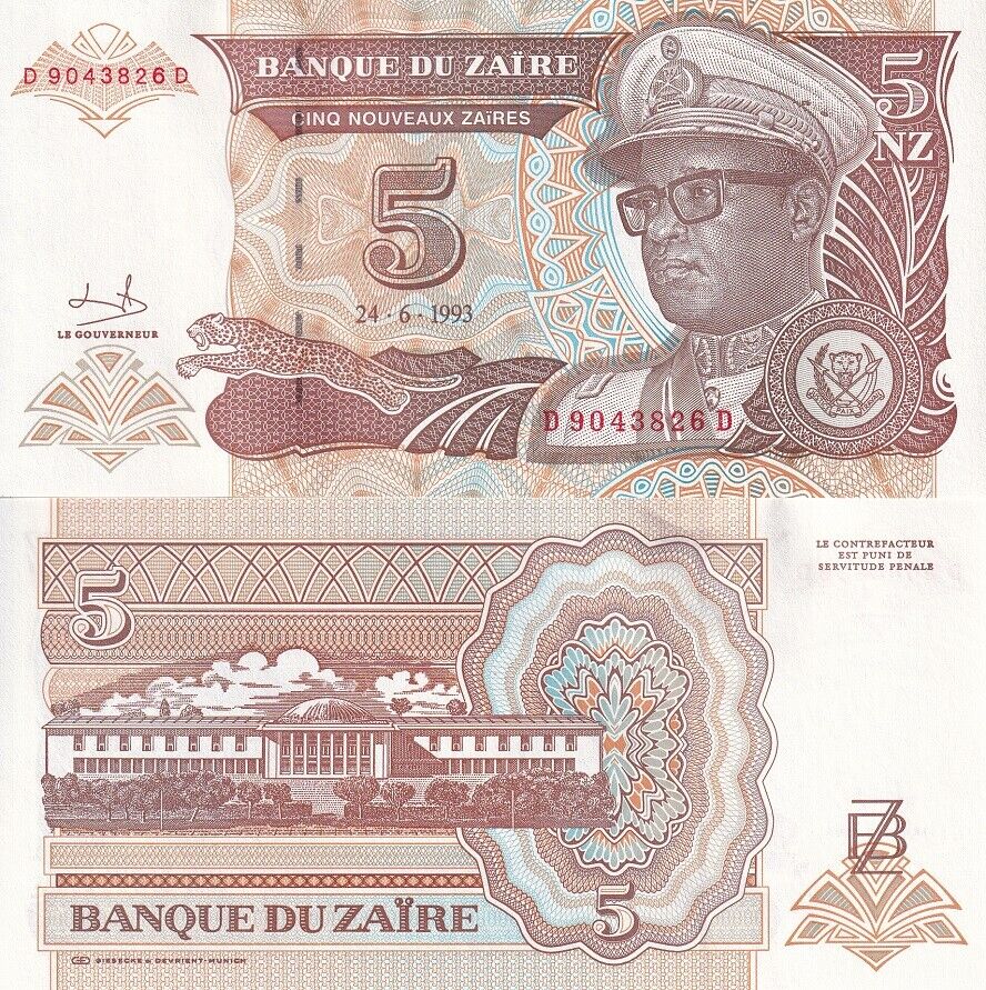 Zaire 5 Nouveaux Zaires 1993 P 53 UNC LOT 5 PCS