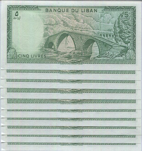 Lebanon 5 Livres 1986 P 62 d AUnc LOT 10 PCS