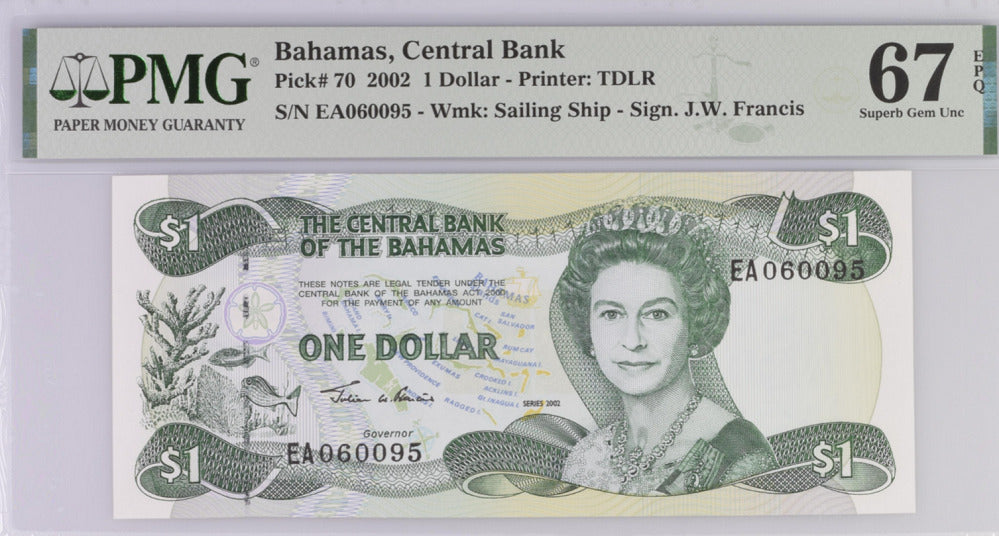 Bahamas 1 Dollar 2002 P 70 QEII Superb GEM UNC PMG 67 EPQ