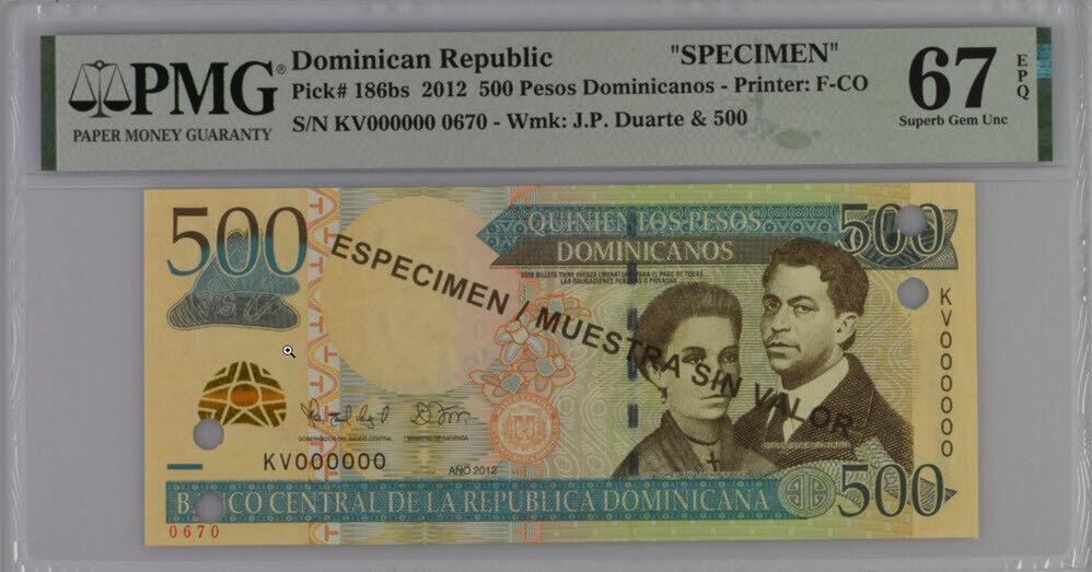 Dominican Republic 500 Pesos 2012 P 186 bs SPECIMEN Superb Gem UNC PMG 67 EPQ