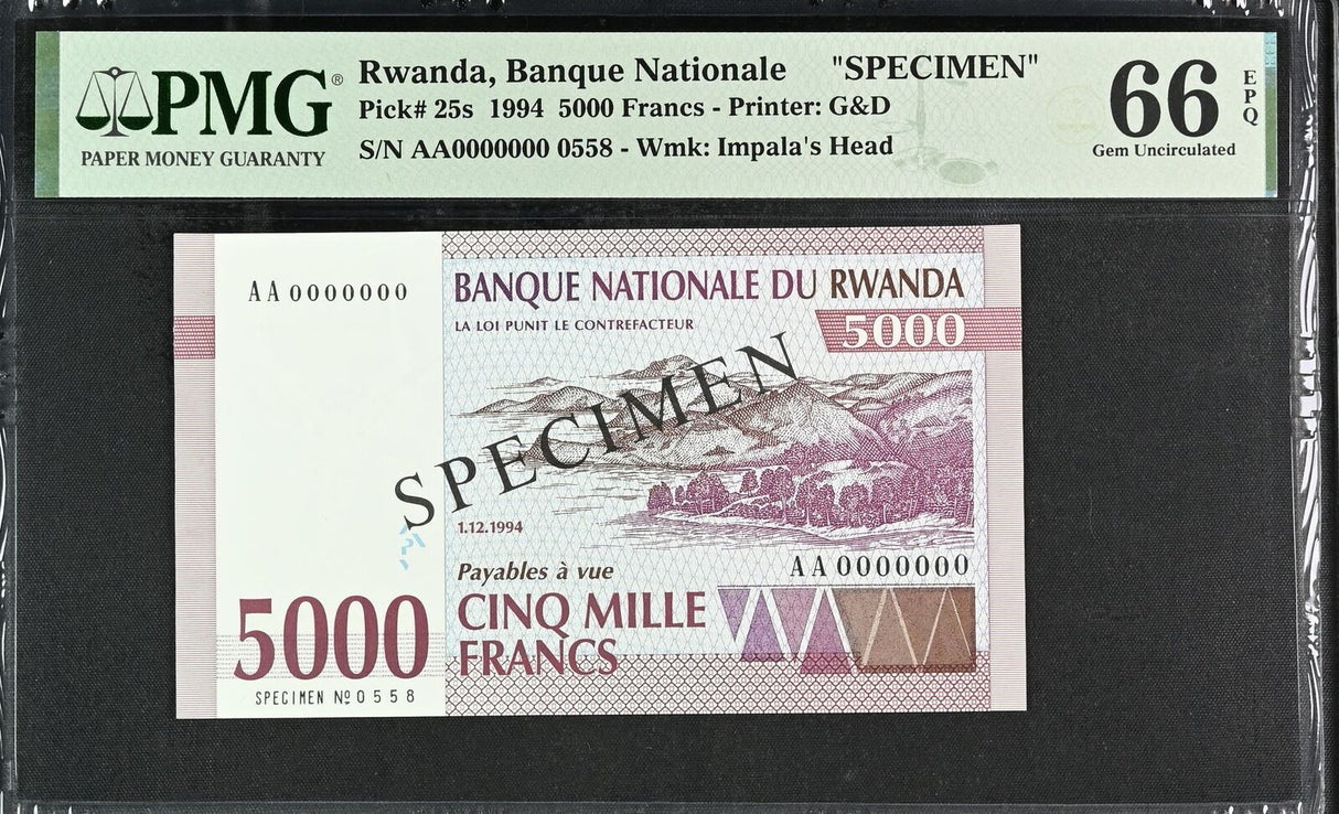 Rwanda 5000 Francs 1994 P 25 s SPECIMEN Gem UNC PMG 66 EPQ