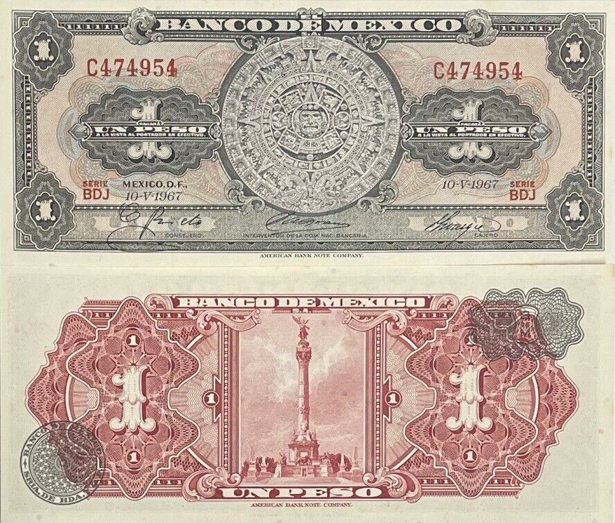 Mexico 1 Peso 1967 Series BDJ P 59 j W/Tone UNC