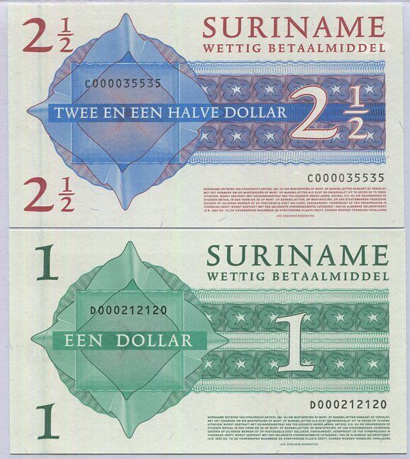Suriname Set 2 Pcs 1 Dollar 2 1/2 Dollars 2004 P 155 156 UNC