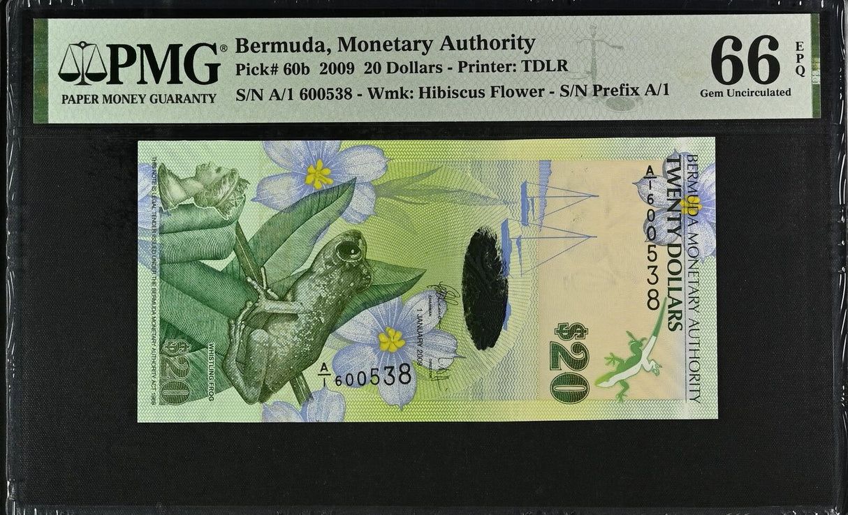 Bermuda 20 Dollars 2009 P 60 b A/1 PREFIX GEM UNC PMG 66 EPQ