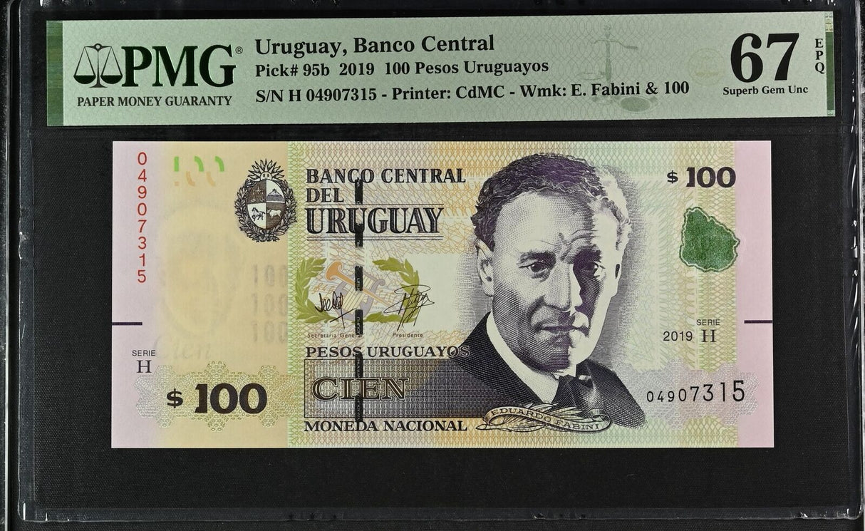 Uruguay 100 Pesos 2019 P 95 b Superb Gem UNC PMG 67 EPQ
