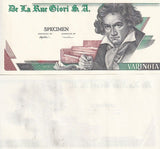 TEST NOTE SPECIMEN VARINOTA DE LA RUE BEETHOVEN One side Green-Black