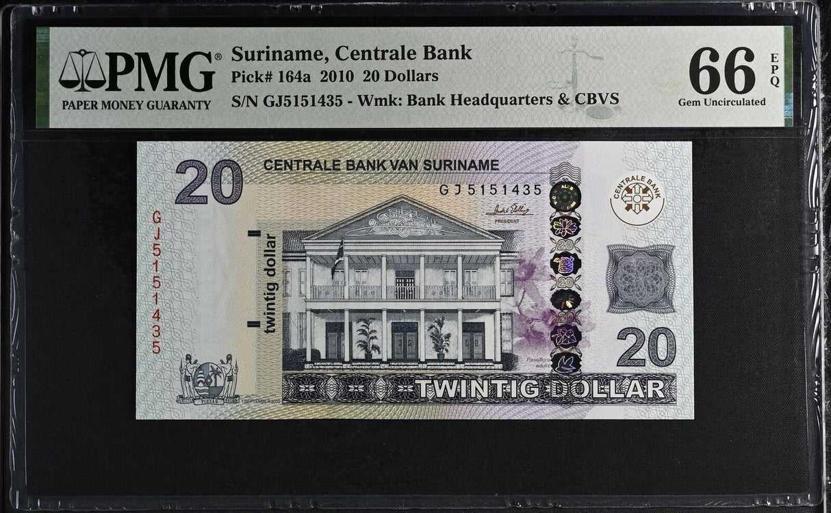 Suriname 20 Dollars 2010 P 164 a GEM UNC PMG 66 EPQ
