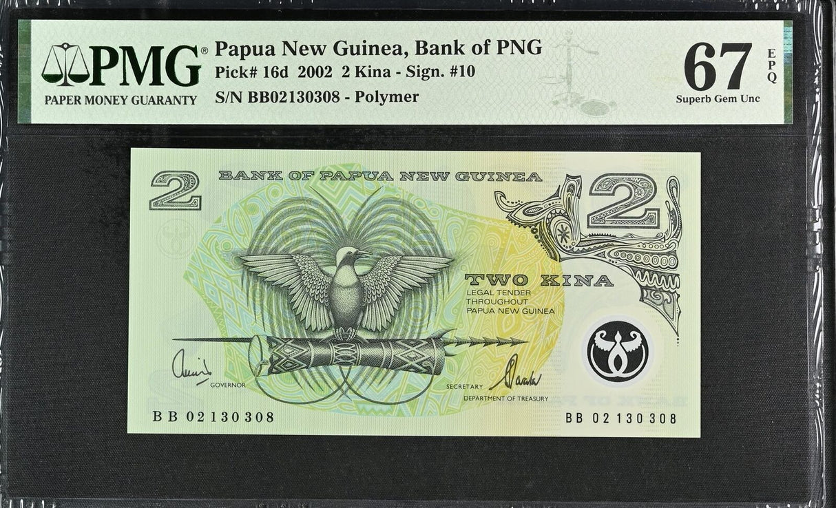 Papua New Guinea 2 Kina 2002 P 16 d Sign 10 Superb GEM UNC PMG 67 EPQ TOP POP