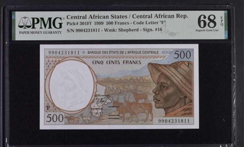 Central African States 500 FRANCS 1999 P 301Ff Superb Gem UNC PMG 68 EPQ TOP