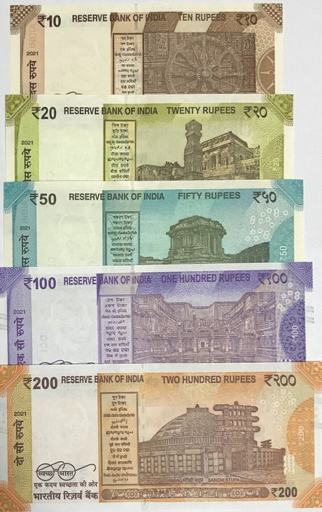 India Set 5 Pcs 10 20 50 100 200 Rupees 2021 P 109-113 UNC
