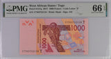 West African States Togo 1000 Francs 2017 P 815 Tq Gem UNC PMG 66 EPQ