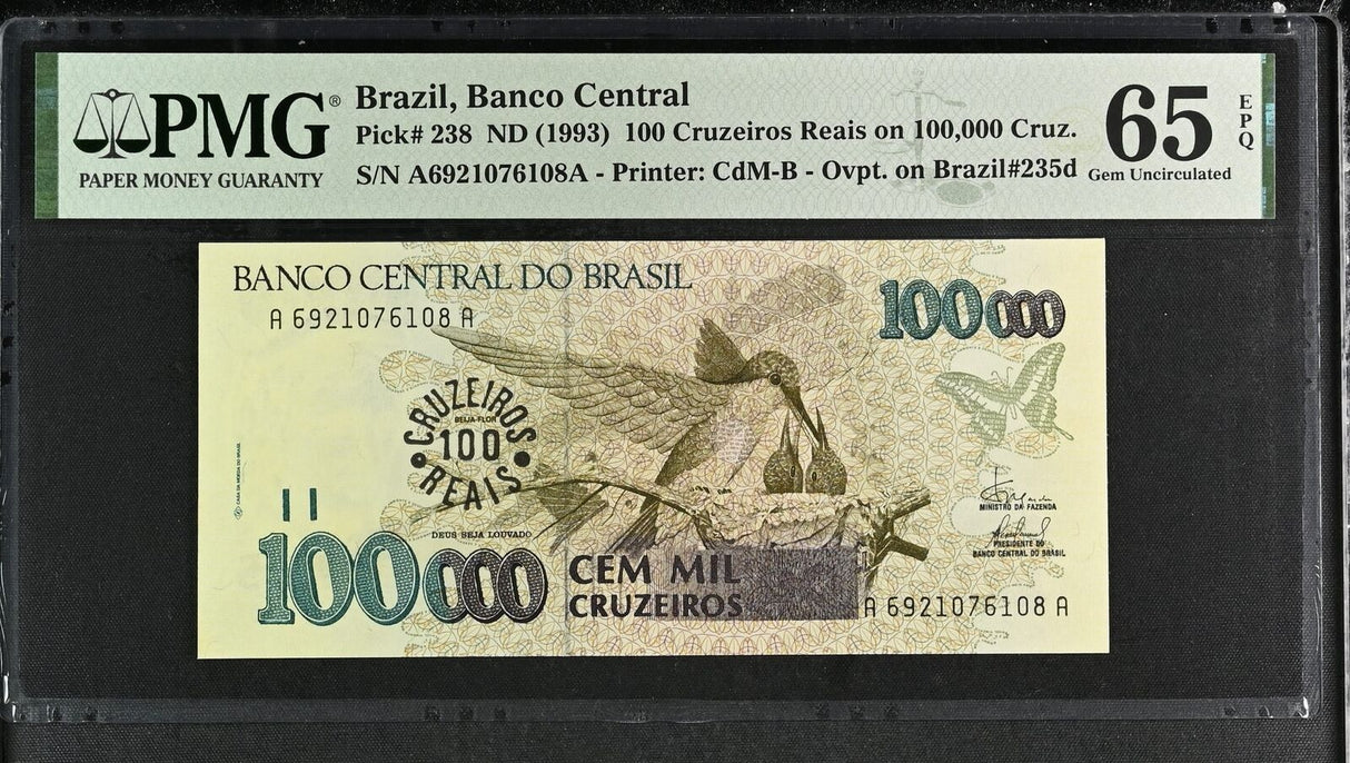 Brazil 100 Cruzeiros on 100000 ND 1993 P 238 Gem UNC PMG 65 EPQ