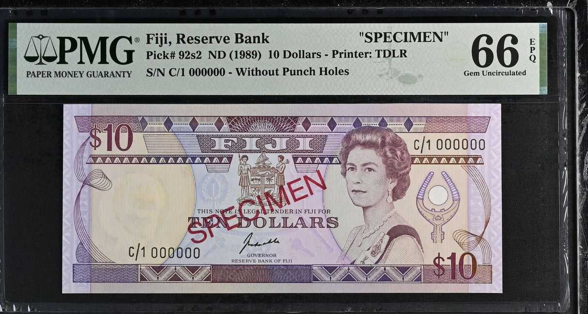 Fiji 10 Dollars ND 1989 P 92s2 SPECIMEN Gem UNC PMG 66 EPQ