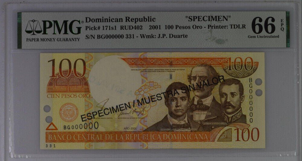 Dominican Republic 100 Pesos 2001 P 171s1 SPECIMEN Gem UNC PMG 66 EPQ Top Pop
