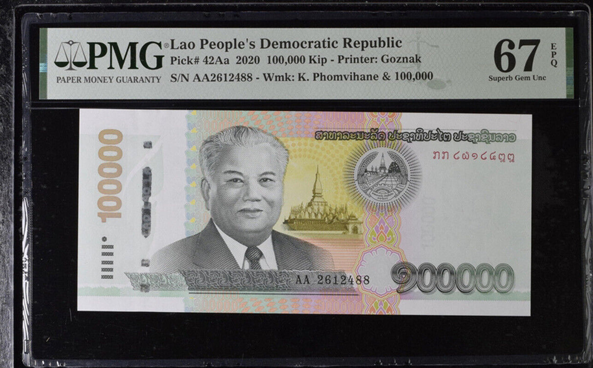 Laos 100000 Kip 2020 P 42Aa Superb Gem UNC PMG 67 EPQ