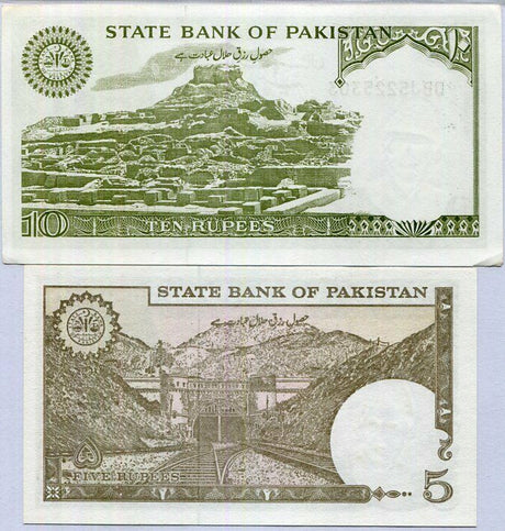 Pakistan Set 2 Pcs 5 10 RUPEES ND 1983 1984 P 38 39 NO Staple Holes UNC