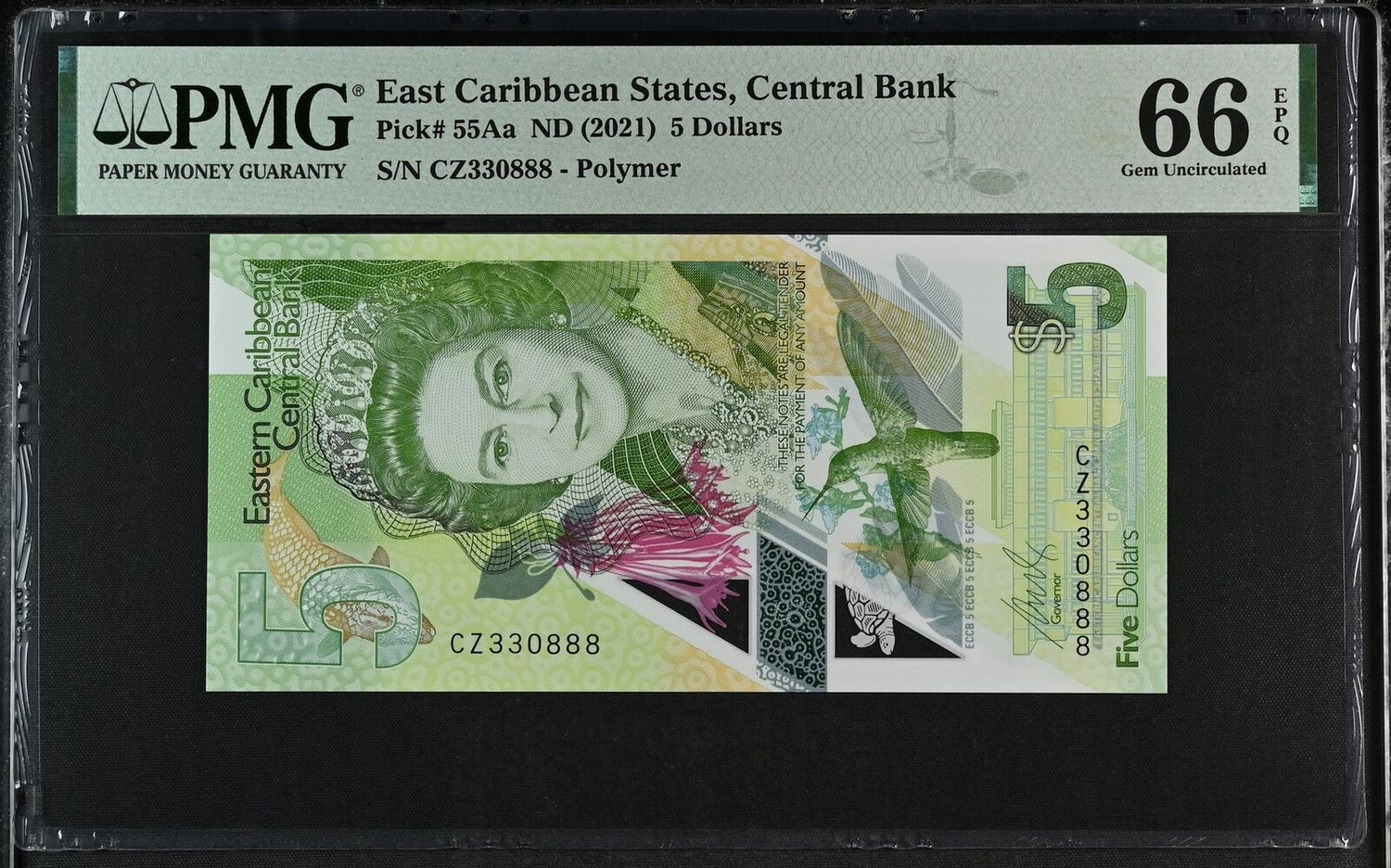 East Caribbean 5 Dollars ND 2021 P 55Aa Polymer Gem UNC PMG 66 EPQ ...