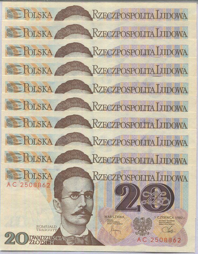 Poland 20 Zlotych 1-6-1982 P 149 UNC LOT 10 PCS AUnc