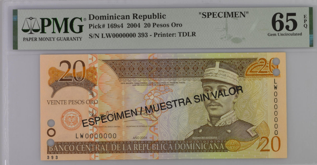 Dominican Republic 20 Pesos 2004 P 169 s4 SPECIMEN Gem UNC PMG 65 EPQ