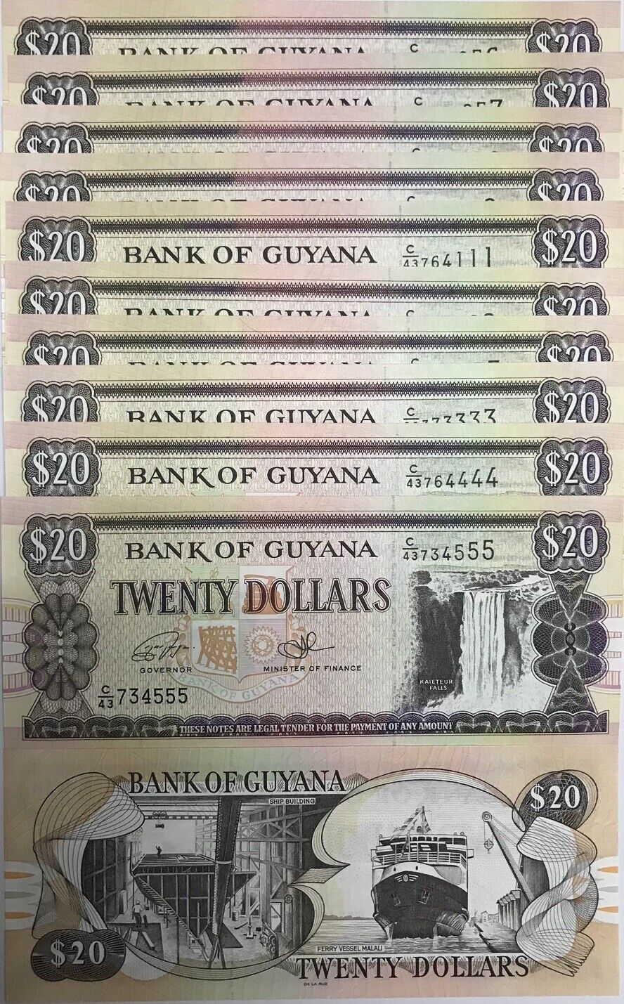 Guyana 20 Dollars ND 2016 P 30 f UNC LOT 10 PCS