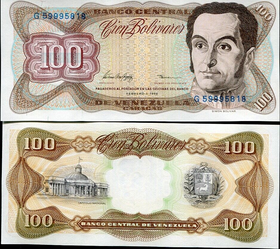 Venezuela 100 Bolivares 1998 P 66 UNC Little Yellow TONE