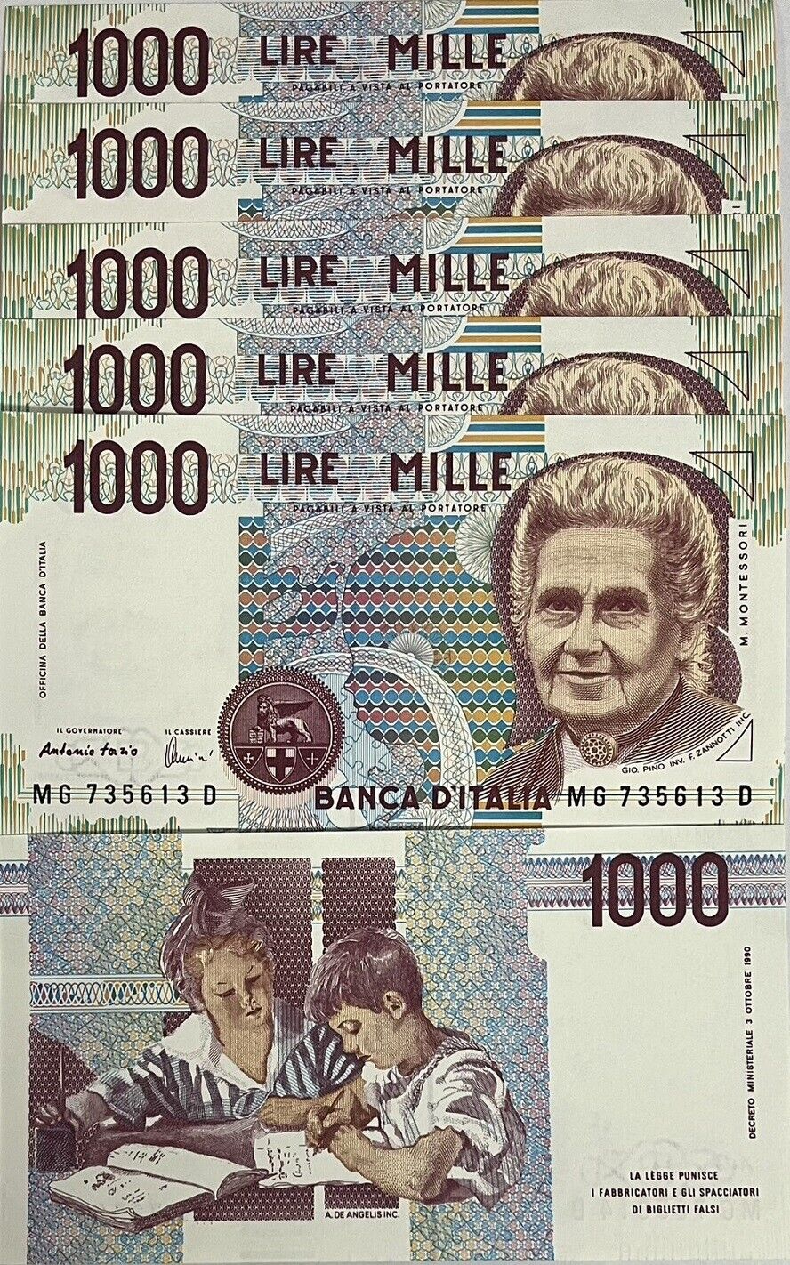 Italy 1000 Lire 1990 P 114 c UNC LOT 5 PCS