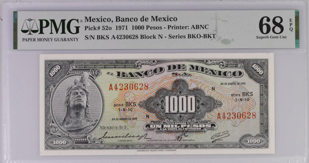 Mexico 1000 Pesos 1971 P 52 o Superb Gem UNC PMG 68 EPQ Top Pop