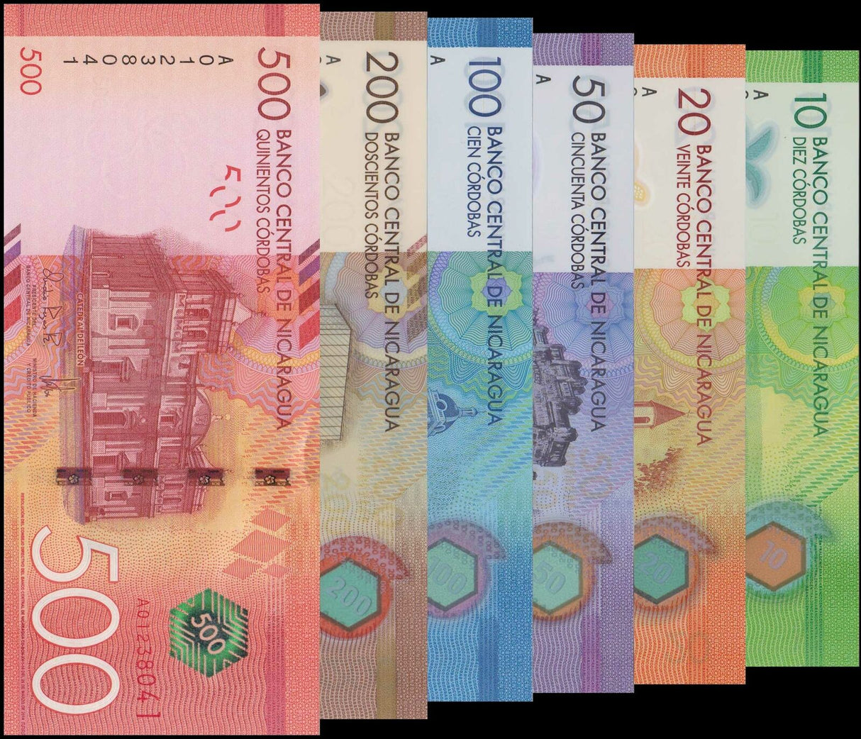 Nicaragua Set 6 UNC 10 20 50 100 200 500 Cordobas 2015 Polymer Paper P 209 -214