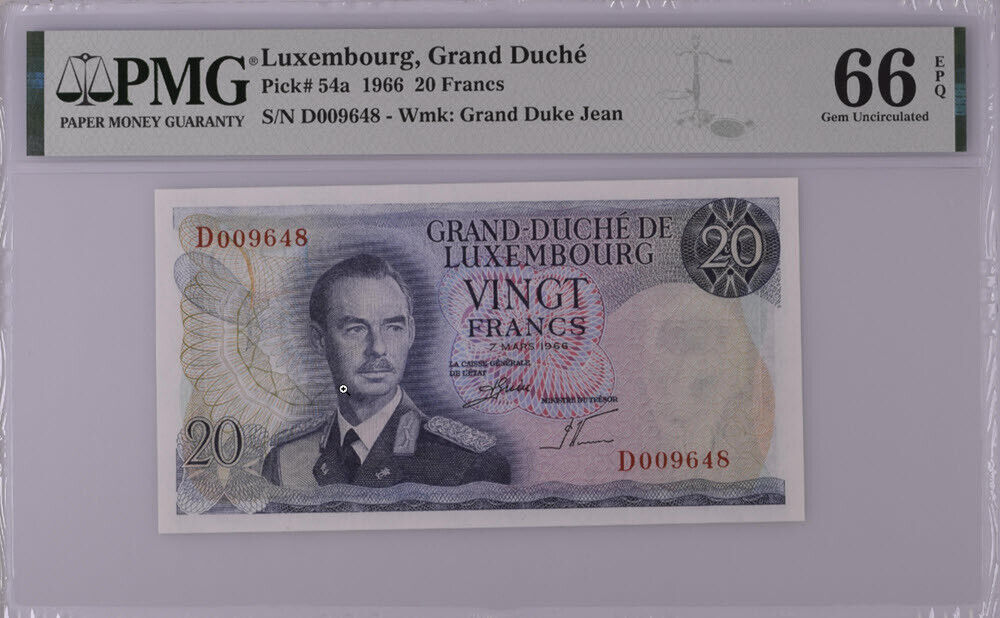 Luxembourg 20 Francs 1966 P 54 a Gem UNC PMG 66 EPQ
