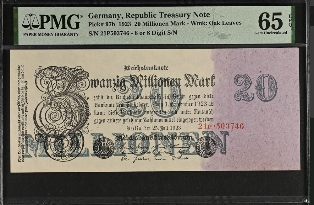 Germany 20 Millionen Mark 1923 P 97 b Gem UNC PMG 65 EPQ