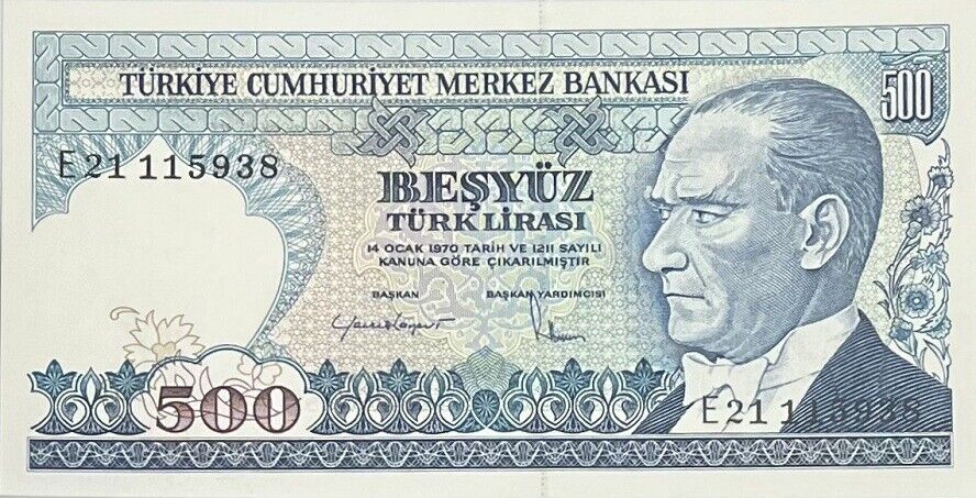 Turkey 500 Lira 1970 Series E P 195 UNC