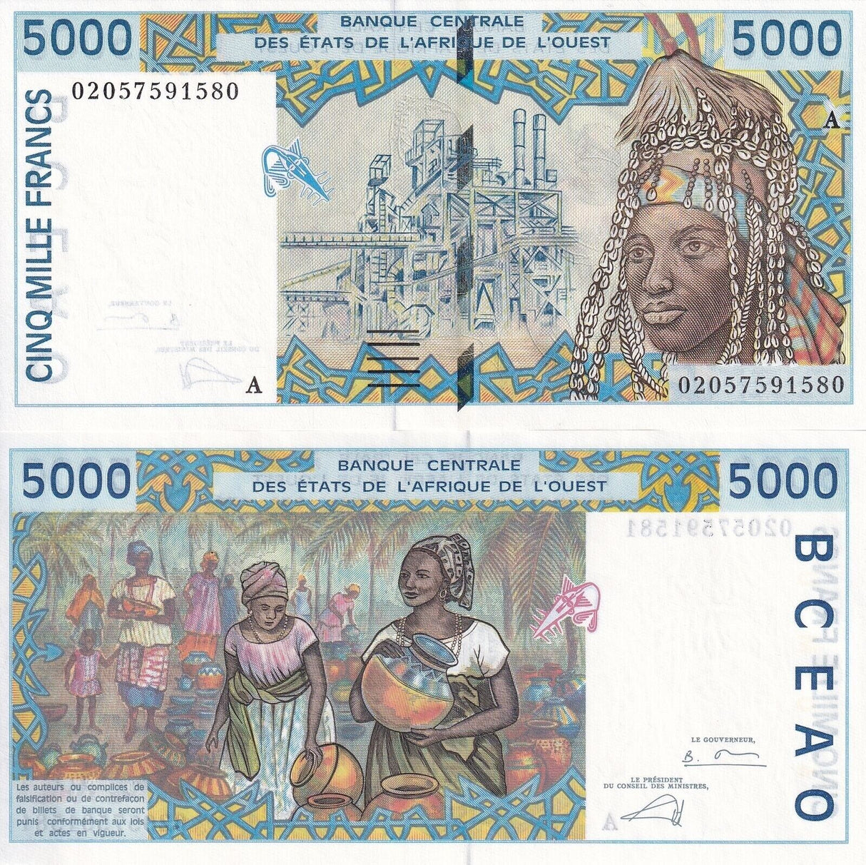 West African State Ivory Coast 5000 Francs 2002 P 113Al UNC