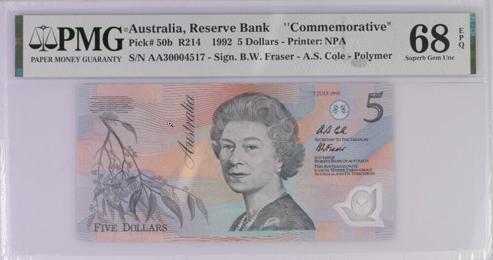 Australia 5 Dollars 1992 P 50 b Superb Gem UNC PMG 68 EPQ Top Pop