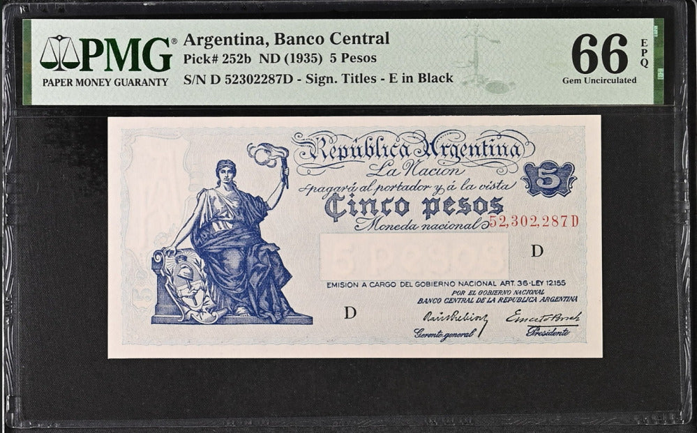 Argentina 5 Pesos ND 1935 P 252 b Gem UNC PMG 66 EPQ Top Pop