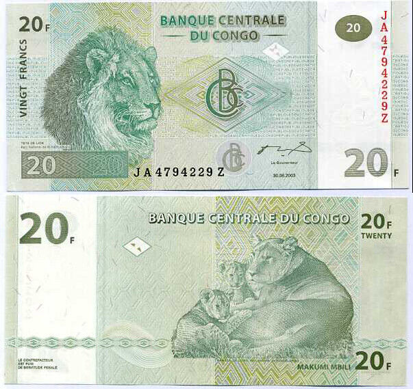 Congo 20 Francs 2003 P 94A G&D JA - Z Replacement UNC