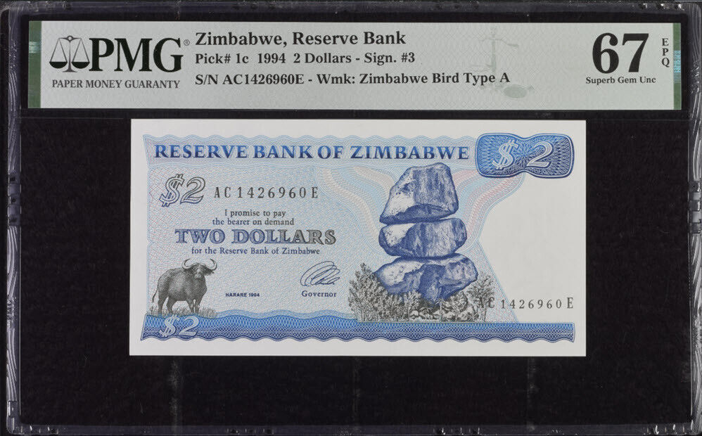 Zimbabwe 2 Dollars 1994 P 1 c Superb Gem UNC PMG 67 EPQ