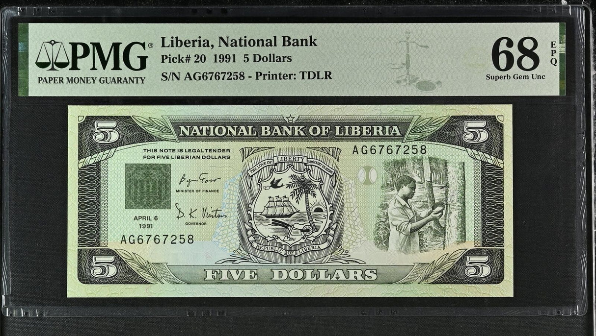 Liberia 5 Dollars 1991 P 20 Superb Gem UNC PMG 68 EPQ TOP POP