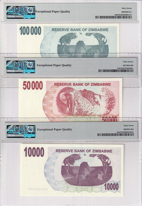 Zimbabwe SET 3; 10000 50000 100000 D. 2006 P46a 47 48b Superb Gem UNC PMG 67 EPQ