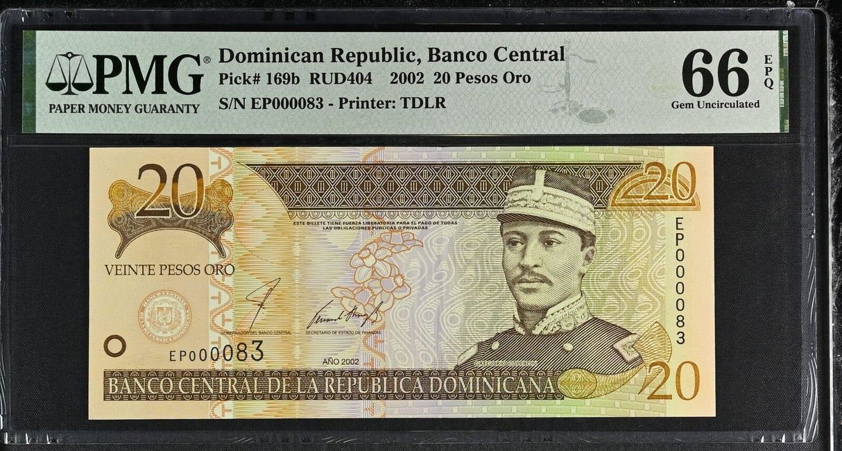 Dominican Republic 20 Pesos 2002 Low serial # 2 Digit P 169 b Gem UNC PMG 66 EPQ