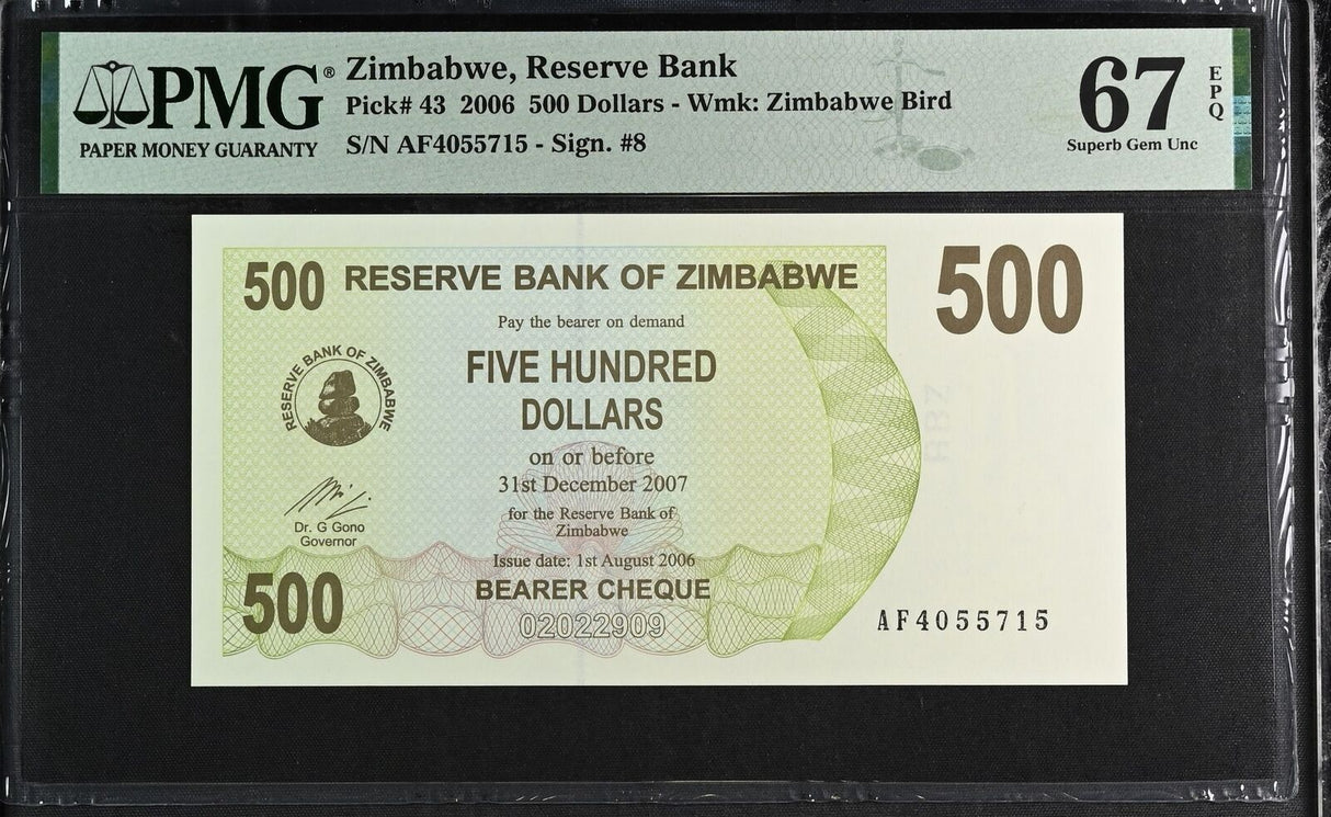 Zimbabwe 500 Dollars Bearer Cheque 2006 P 43 Superb Gem UNC PMG 67 EPQ