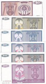Bosnia Set 6 Pcs 10 50 100 500 1000 5000 Dinara 1992 P 133 134 - P 138 UNC