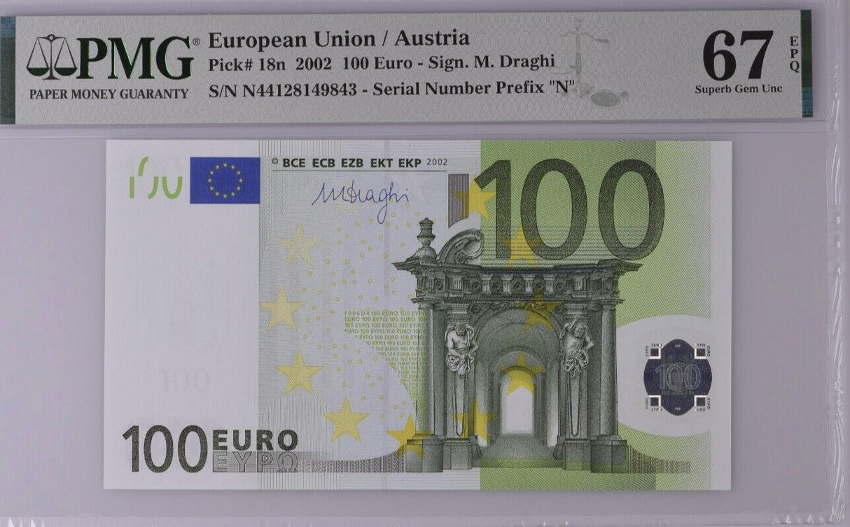 Euro 100 Euro 2002 Austria P 18 N Prefix Superb Gem UNC PMG 67 EPQ