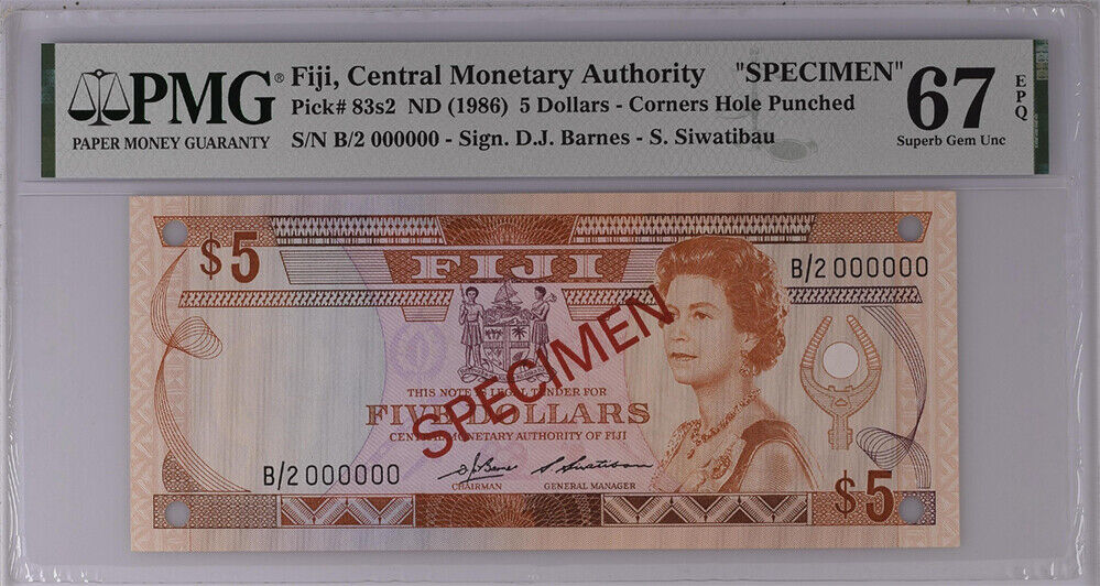 Fiji 5 Dollars ND 1986 P 83s2 B/2 SPECIMEN Superb Gem UNC PMG 67 EPQ