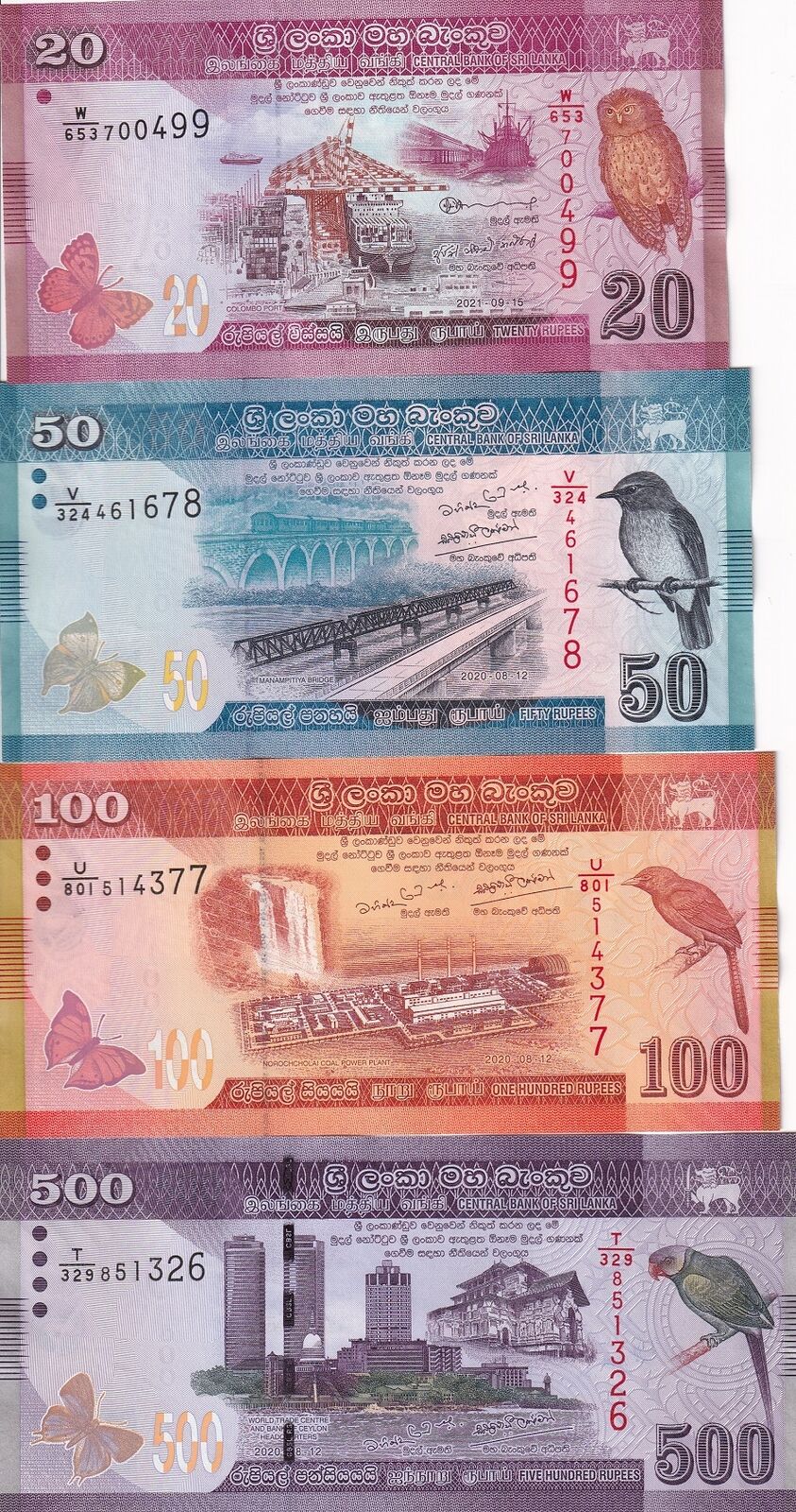 Sri Lanka Set 4 UNC 20 50 100 500 Rupees 2020-2021 P 123 124 125 P 126 UNC
