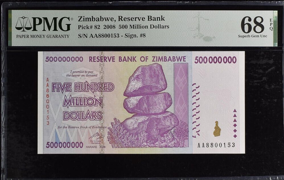 Zimbabwe 500 Million 2008 P 82 Superb Gem UNC PMG 68 EPQ