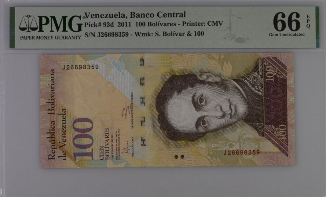 Venezuela 100 Bolivares 2011 P 93 d Gem UNC PMG 66 EPQ Top Pop