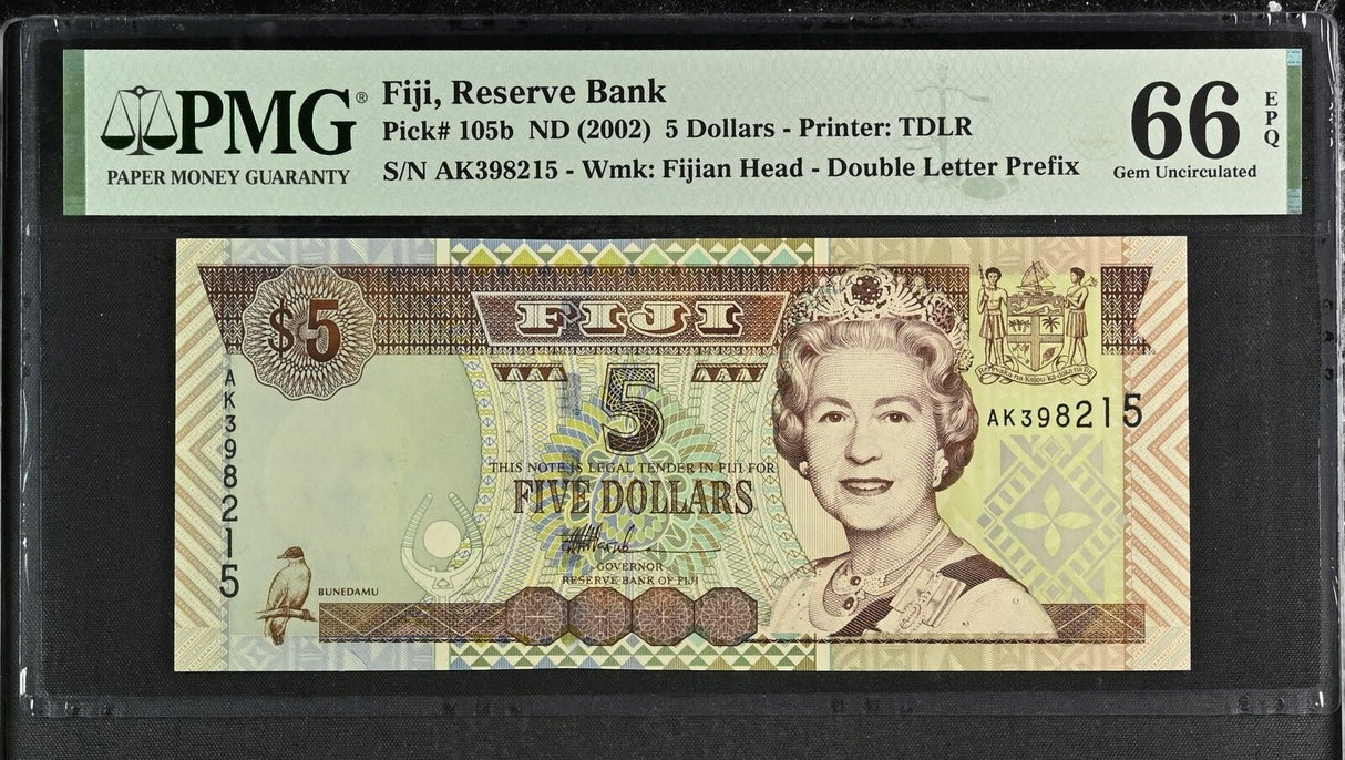 Fiji 5 Dollars QE II ND 2002 P 105 b Gem UNC PMG 66 EPQ
